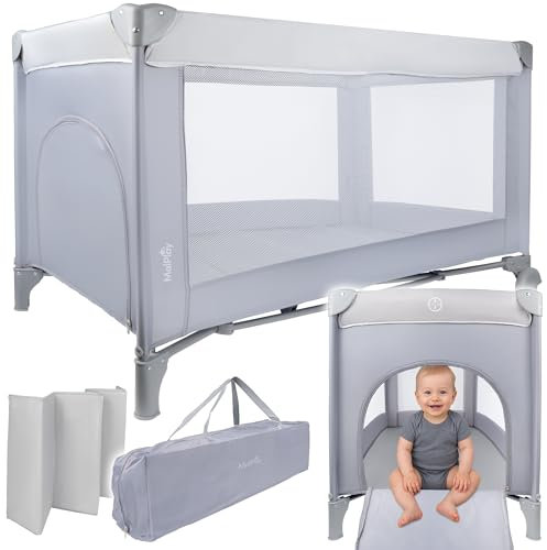 MalPlay Kinderreisebett Laufstall LUNO ab Geburt bis 15 kg, Klein Zusammenklappbar inkl. Tragetasche und Faltboden, Liegefläche 120 x 60 cm Grau