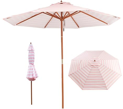 Générique Parasol de Jardin À Rayures Blanches, 270 cm Parasol de Terrasse en Bois, Protection Solaire UV50+, Résistant À L'eau, pour Marché Piscine