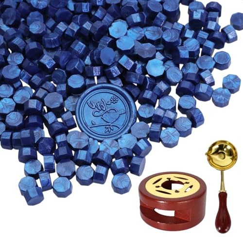 300 Stück Siegelwachs Perlen Set,Wachssiegel Stempel mit Wachssiegelwärmer & Schmelzlöffel – Achteckiges Siegellack Set für Briefe,Umschläge,Hochzeitseinladungen,Karten,Geschenkverpackungen (Blau)