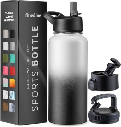 Triple Walled, Insulated Water Bottles with Straw Lid/Flip Top Lid/Wide Mouth Cap - Stainless Steel Metal Bottle for Travel, School, Sports, Gym (Dreamy Black-White, 950 ml)