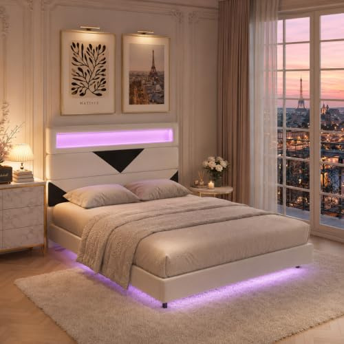 QLTXYHML Lit Double 160x200, Lit Capitonné avec Éclairage LED RGB & Charge USB, Cadre de Lit Flottant avec Tête de Lit Modulable, avec sommier à Lattes (Beige+Noir, 160x200 cm)