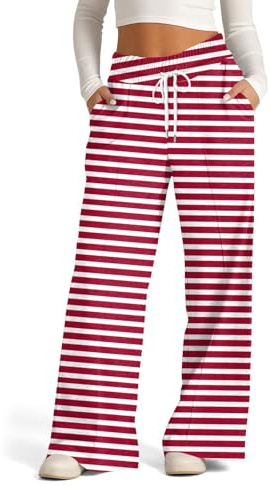 Jogginghose Damen Gestreifte Weite Hose Hohe Taille Elastische Bund Freizeithose mit Taschen Casual Sporthose für Herbst