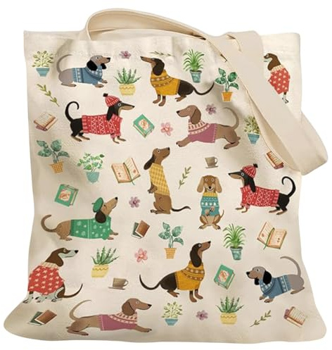 Simsky Dackel Geschenke für Frauen – Ästhetische Canvas Tragetasche mit Niedlichem Dachshund Motiv, Wiederverwendbare Einkaufstasche als Dackel Accessoires & Deko