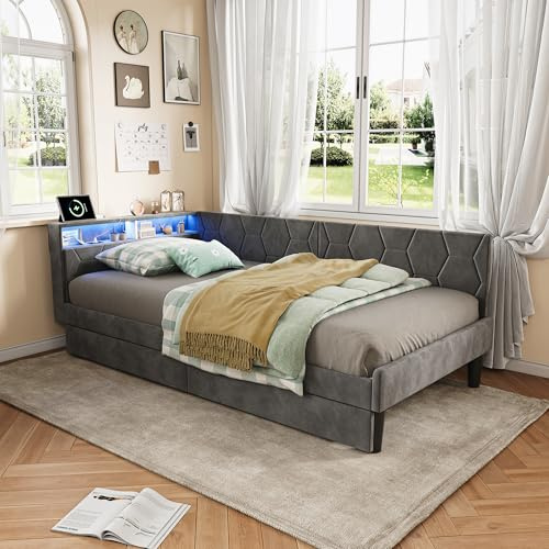 BLSYHDH Polsterbett 90x200,Schlafsofa Tagesbett mit 2 Schublade,Stauraumbett,Einzelbett mit LED,Jugendbett mit USB- und Typ-C,Funktionsbett,Bett mit stauraum (Grau+Flanell-1)