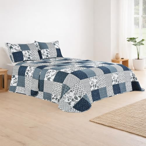 DALINA Colcha Bouti Estampada Cama 135 (230x265 cm), Cubre Cama Reversible con 2 Fundas de Cojín, Suave y Ligera Primavera Verano, Patrón Patchwork Azul