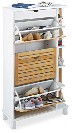 Relaxdays Schuhkipper für 12 Paar Schuhe, Schuhschrank mit Schublade und Bambus Klappdeckel, Schuhregal aus Holz, weiß