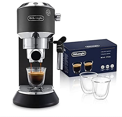 De'Longhi Dedica - Cafetera de Bomba de Acero Inoxidable para Café Molido o Monodosis, Cafetera para Espresso y Cappuccino, EC685.BK, Negro + Juego de 2 vasos premium para espresso