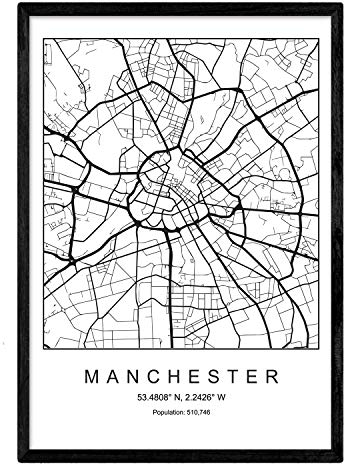 Nacnic Blade Manchester City Map nordischen Stil schwarz und weiß. A3 Größe Plakat Das bedruckte Papier Keine 250 gr. Gemälde, Drucke und Poster für Wohnzimmer und Schlafzimmer