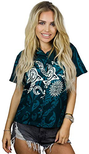 King Kameha Funky Hawaii-Bluse-Hemd, Damen, Kurzarm, Maori-Chest, Petrol-Grün, XL