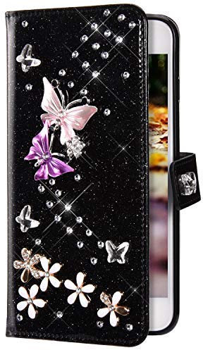 Uposao Kompatibel mit Samsung Galaxy S5 Hülle Leder Schutzhülle Glitzer Bling Strass Diamant Schmetterling Blumen Flip Wallet Leder Tasche Case Handyhülle Lederhülle Klapphülle,Schwarz