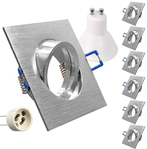 6x Hochwertiger Einbaustrahler Aluminium gebürstetschwenkbar für LED mit GU10 Fassung 230V eckig Einbauleuchte Einbauspot Rahmen Rostfrei Deckenspot Strahler Spot Alu 5104