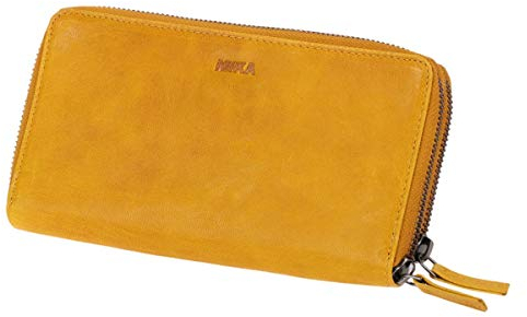 MIKA 42176 - Damengeldbörse aus Echt Leder, Portemonnaie im Querformat, Geldbeutel mit 9 Kartenfächer, 2 Scheinfächer und Münzfach mit Reißverschluss, Brieftasche in gelb, ca. 19,5 x 10,5 x 3 cm