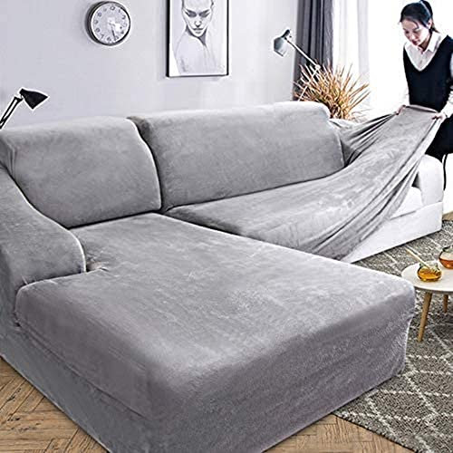 ABUKJM Sofa überzug l Form Verdickung, Geeignet als Sofadekoration im Wohnzimmer, Staubdicht, All-Inclusive, Sofaschoner bequemer samtstoff, Maschinenwaschbar,Grau Grün 1-Sitzer 90-140cm