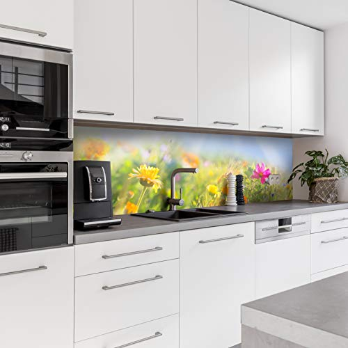 Dedeco Küchenrückwand Motiv: Blumen V3, 3mm Acrylglas als Spritzschutz für die Küchenwand Wandschutz Dekowand wasserfest, 3D-Effekt, alle Untergründe, 220 x 60 cm