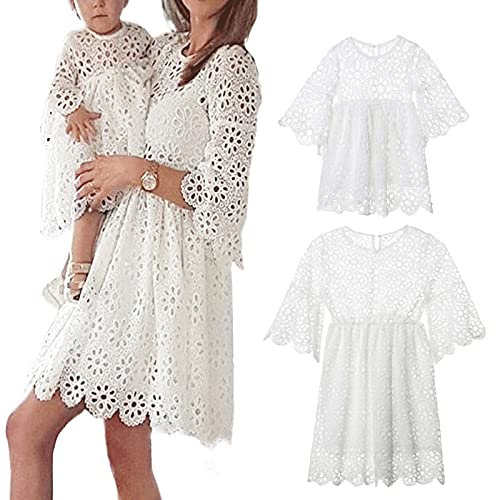 Loalirando Kleid Mutter und Tochter gleich elegant Zeremonie Spitzenkleid Einfarbig Lange Ärmel für Mutter und Tochter Geburtstagsfeier S-XL 0-5 Jahre, A-Weiß-Mama, XL