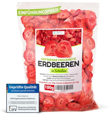 GEFRIERGETROCKNETE ERDBEEREN 100g, 100% Trockenfrüchte ohne Zuckerzusatz | Knusprige Erdbeerchips für Müsli, Joghurt, Smoothies, Backen & Snacks – Vegan – Früchte von Detox Organica