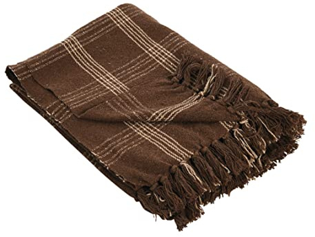 Creative Co-Op Recycled Cotton Blend Throw Blanket with Fringe, Brown Plaid