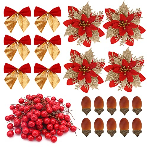 120 Piezas Accesorios para Coronas Navideñas Ramas de Bayas Impermeables Conjunto de Decoración Navideña Dorada y Roja Bellota de Bayas Artificiales para Decoraciones de Corona de árbol de Navidad