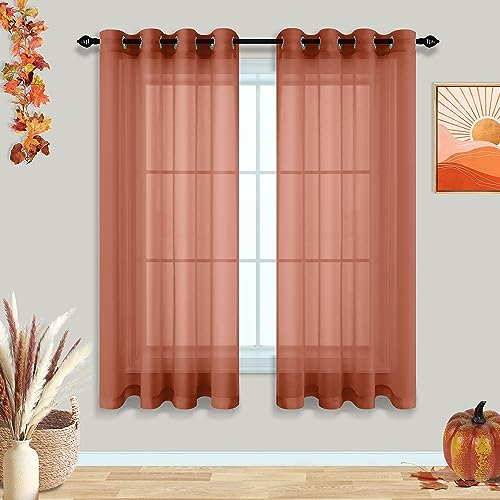 Burnt Orange Terrakotta Sheer Vorhänge 114 cm Länge für Küche Badezimmer Fenster Set 2 Paneele Ösen Bohemian Herbst Boho Kurze Vorhänge für kleine Fenster Keller Schlafzimmer 114 cm lang Rost