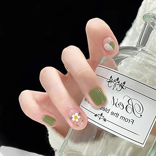 Press On Nails Long Coffin Bellarine Tapered full coverage glossy false Nails, Fake Arcylic press on nails hand manicure for women (Short-Green Flower)