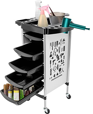 Friseurwagen Arbeitswagen Rollwagen mit 5 Schubladen und Rollen Friseur Arbeitswagen Wagen Trolley Weiss