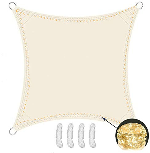 SCDD Sonnenschutz-Sonnensegel mit LED-Lichterkette, rechteckige Markise, UV- und wasserbeständiges Terrassen-Schattentuch für Outdoor-Pools, Camping, Beige,3 * 3m