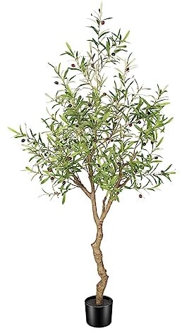 FEELEAD Artificial Olive Tree 6ft Fake Potted Olive Silk Tree with Planter Natural Olive Branches and Realistic Leaves Faux Tree for Home House Office Decor Indoor