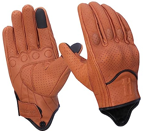 Harssidanzar Herren Motorradhandschuhe Ziegenleder Vollfinger Atmungsaktives und Perforiertes Design Touchscreen Sommer Motorradhandschuhe CM043EUA, C1-Bräunen,Größe M