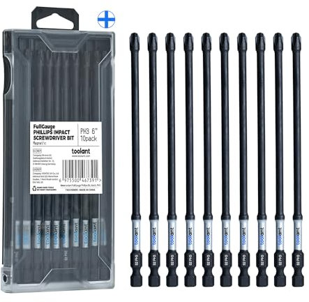 toolant 6 Inch Long Phillips Bit#3 Magnetic Anti Slip Impact Screwdriver Bits Set,10pcs Insert S2 Steel PH3 Driver Dit Set with CNC Machined Tips for Power Drill