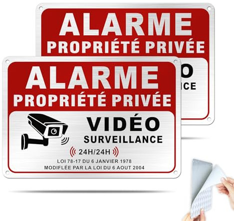SINMAO Pancarte Alarme Maison Aluminium Brossé Adhésif 22 * 15cm Propriété Privée équipée d'une Alarme,Panneau Maison sous Vidéo Surveillance Alarme x2 pièces