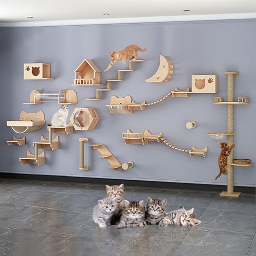 Juego de Pared de Escalada para Gatos, Incluye Hamaca para Gatos, Escalera para Gatos, Poste Rascador para Gatos, Puente para Gatos, Estable y Duradera (Size : B10-34PCS)