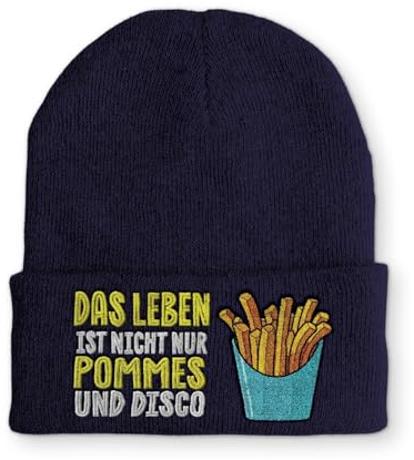 tshirtladen Beanie Mütze Das Leben ist nicht nur Pommes und Disco Statement Wintermütze, Farbe: Navy