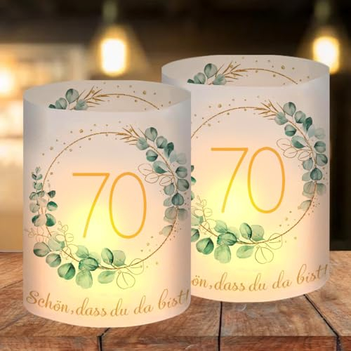 12 Windlicht Tischdeko 70 Geburtstag, Deko 70 Geburtstag Frau Mann, Happy Birthday Tischdeko 70. Geburtstag Frauen, Geeignet für Teelichter oder Kerzen mit Schön DASS Du Da Bist und Eukalyptus