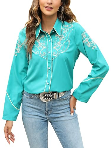 Western-Shirts Bluse für Damen, Cowgirl, sexy, elegant, langärmelig, schwarz, bestickt, Knopfleiste.