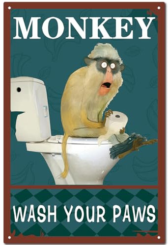 CREATCABIN Panneau en Métal en Forme de Singe Vintage-Décoration Murale Rétro-Plaque en Fer-Suspendre pour Toilettes,Salle de Bain,Maison,Toilettes,Toilettes,Cuisine-30x20cm-SINGE LAVEZ Vos Pattes