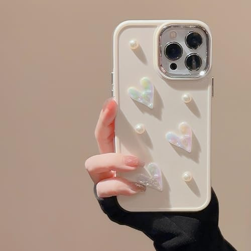 LSOUGUK Compatible with iPhone 13/iPhone 14 Case for Girls Women,Cute 3D Love Heart Pearl Design Protection Case Slim Soft TPU Shockproof Protective Cover for iPhone 13/14-Creamy White