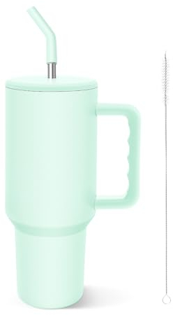 COZOME 40Oz Gobelet Isotherme avec Paille et Poignée, 304 Acier Inoxydable Bouteilles Isothermes, Anti-déversement Mug Isotherme for Voiture, Bureau, Camping, Yoga, Extérieur, Menthe Verte