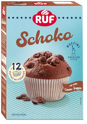 RUF Schoko-Muffins Backmischung, schokoladige American Style Muffins mit Schockoflocken, einfache Zubereitung, 12 Muffin-Förmchen inklusive