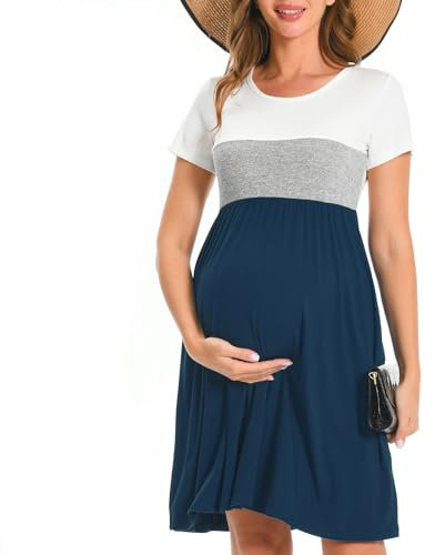 Bearsland Women’s Short Sleeve Maternity Dresses Patchwork Pregnancy Dress with Pocket, Lake Blue, S