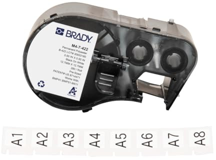 Brady Polyester-Vorgefertigte Etiketten für Etikettendrucker M410 & M510-280 Selbstklebende Druckeretiketten - Polyesteretiketten - Schwarz auf Weiß (12.70 mm x 12.70 mm) - M4-7-422