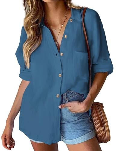 Hotouch Damen Bluse Leinen V-Ausschnitt Hemden Elegant Langarm Arbeit Oberteile mit Knöpfen Tops Lose Langarmshirt Blau M