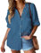 Hotouch Damen Bluse Leinen V-Ausschnitt Hemden Elegant Langarm Arbeit Oberteile mit Knöpfen Tops Lose Langarmshirt Blau M