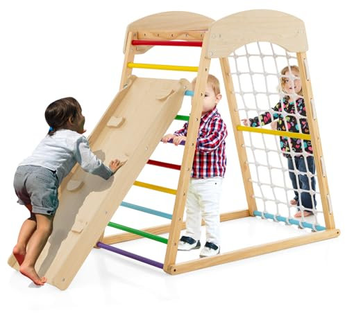 GOPLUS 6 in 1 Kinder Klettergerüst, Kletterspielset mit Kletterleiter & Rutsche & Kletternetz & Kletterstangen, Vielseitiger Spielturm, Indoor & Outdoor Kletterturm für Kinder ab 1 Jahr (Bunt)