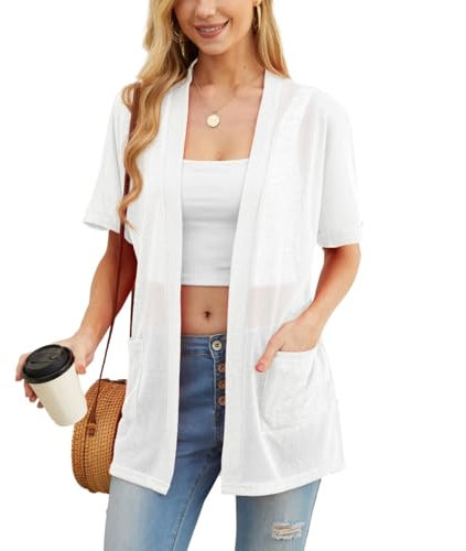 PrinStory Women's Cardigan Short Sleeve Open Front Cardigans V Neck Lightweight Outwear Loose Fit Tops With Pockets UK 10-12 (White, M)
