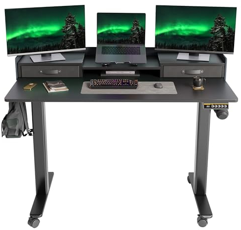 Morsut Electric Standing Desk with Drawers and Monitor Stand 140x60 cm, Height Adjustable Desk on Wheels, Sit/Stand Computer Table with Memory Function and Collision Protection, Black