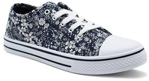 DEK Womens Ladies Canvas Lace Up Denim Floral Baseball Sneakers Casual Flat Plimsoll Trainers Fashion Pumps (Navy Floral, UK Footwear Size System, Adult, Women, Numeric, Medium, 6)