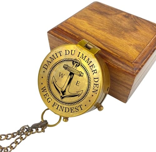 Personalisierter Kompass mit Gravur Wunschmotiv Maritim und Wunschtext Name Diverse Designs Messing Ledertasche Geschenkbox Geschenkidee (Vintage Optik)
