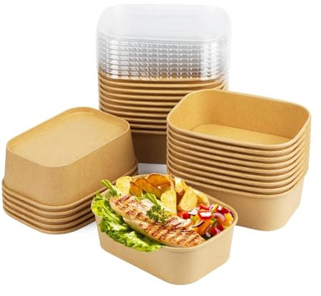 SPICOM Disposable Paper Salad Containers, Rectangular Large Kraft Paper Bowls, Paper Salad Bowls with Clear Lids with Lids (100, 1000 ML)