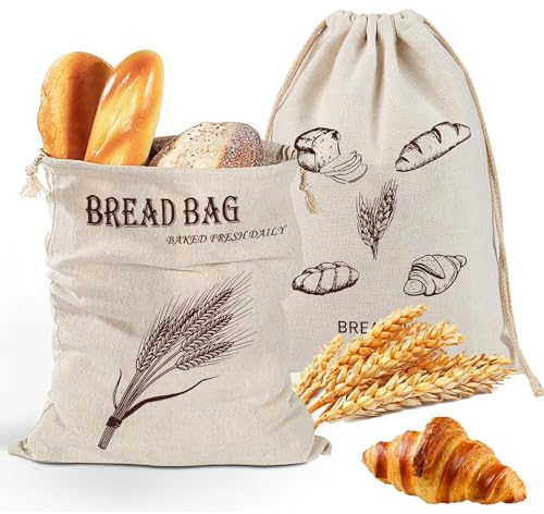 2PCS Natural Linen Bread Bags for Homemade Bread, 40 x 30cm Reusable Bread Bags with Drawstring Washable Portable Eco-Friendly Food Storage Bag to Keep Bread Vegetable Fruit Fresh