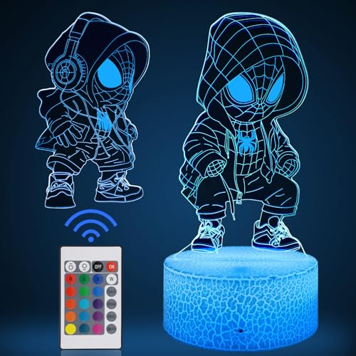 AOUGO 3D Spiderman Kinder Nachtlampe - Superheld 2Er-Pack - Touch Control 7 Farben und Fernbedienung 16 Farbwechsel Dimmbare Tischlampen - RGB-Modus, Geeignet für Schlafzimmer, Geschenke (Weiß)